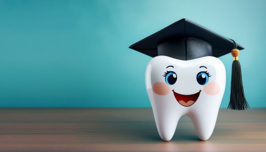 An AI image of a smiling tooth wearing a graduation hat.